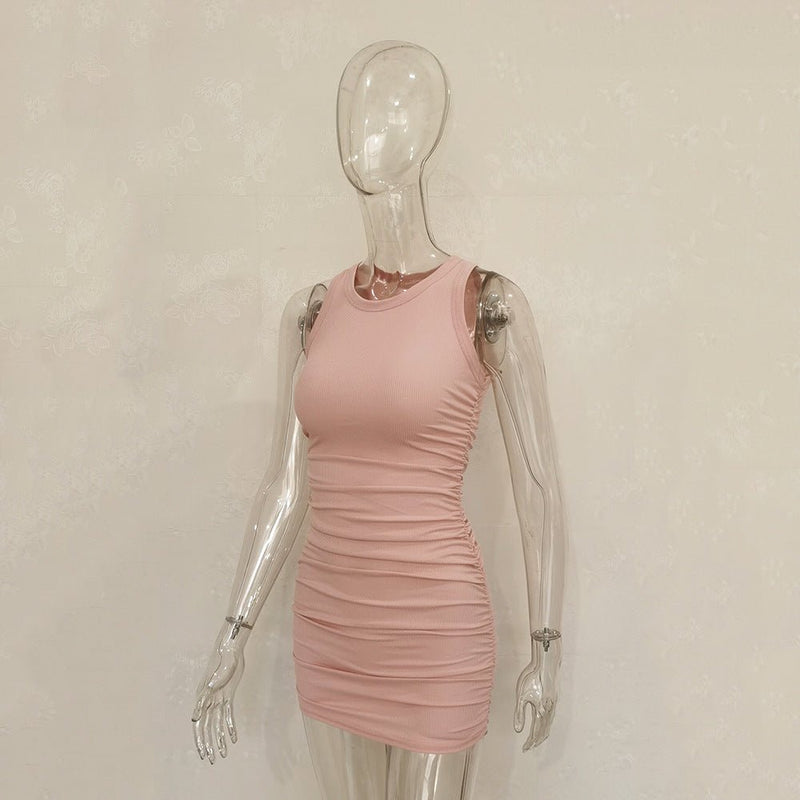 Women's Cotton Pleated Ribbed Dress - Blue&Pink