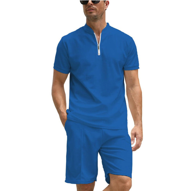 Men's Solid Color Polo Shirt Suit Short Sleeve Two - piece Set - Blue&Pink