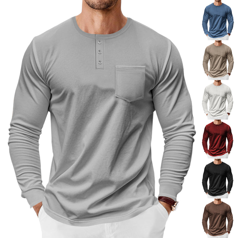 Men's Spring And Autumn Henley Shirt Long Sleeve - Blue&Pink