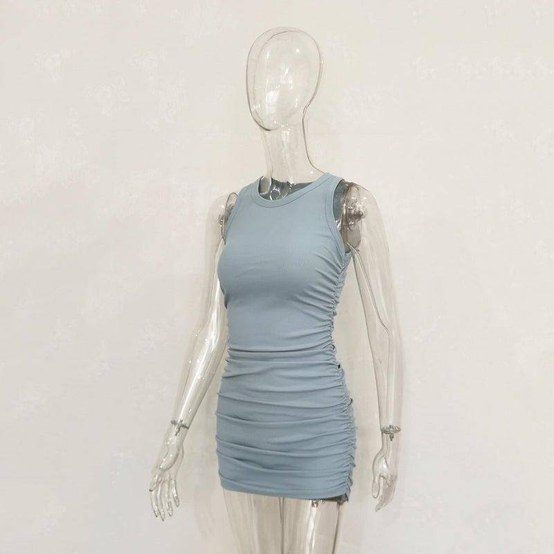 Women's Cotton Pleated Ribbed Dress - Blue&Pink