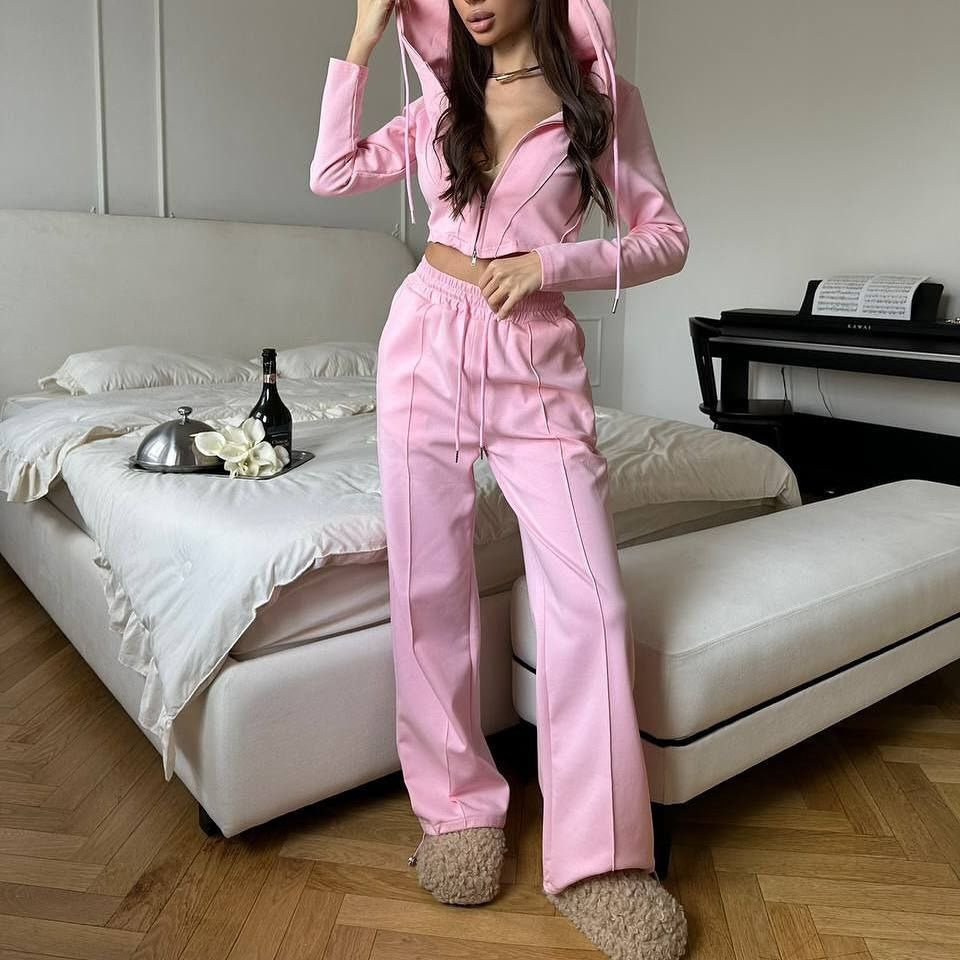 European And American Leisure Women's Suit Solid Color Long Sleeve - Blue&Pink