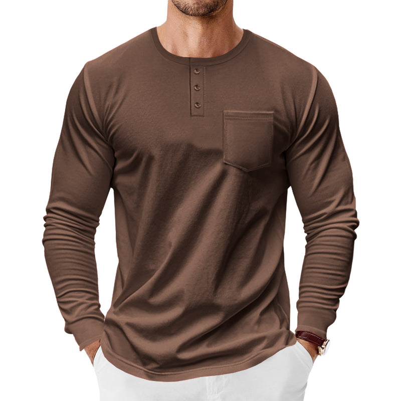 Men's Spring And Autumn Henley Shirt Long Sleeve - Blue&Pink