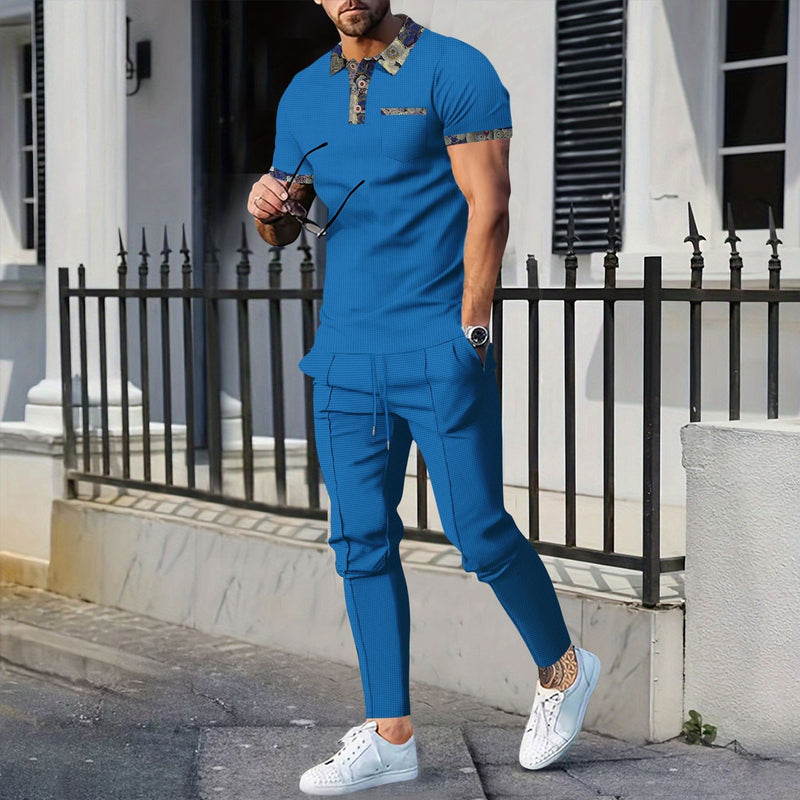 Men's Waffle Lapel Color Matching Pocket Short Sleeve Trousers Suit - Blue&Pink