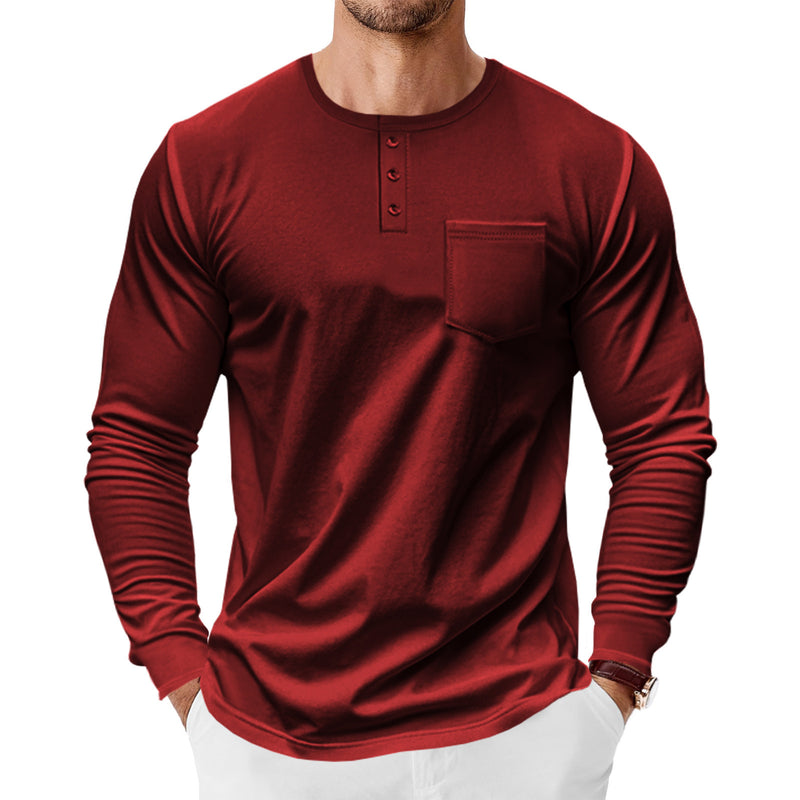 Men's Spring And Autumn Henley Shirt Long Sleeve - Blue&Pink