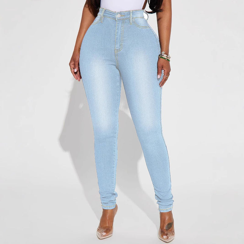 Women's High Waist Slim - fit Pure Elastic Slimming Jeans - Blue&Pink