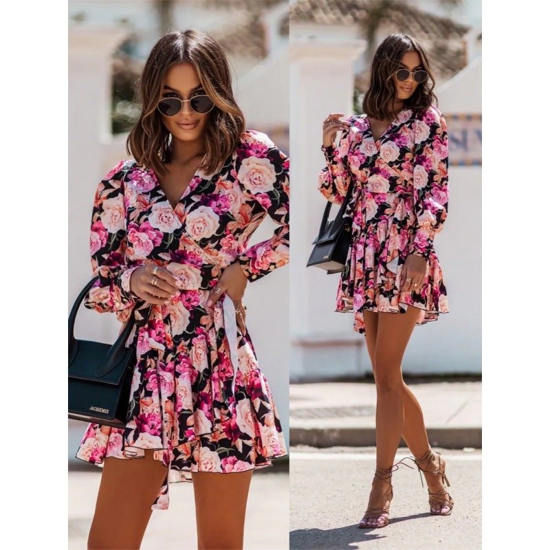 Long Sleeve V - neck Printed Waist - controlled Skirt Dress - Blue&Pink