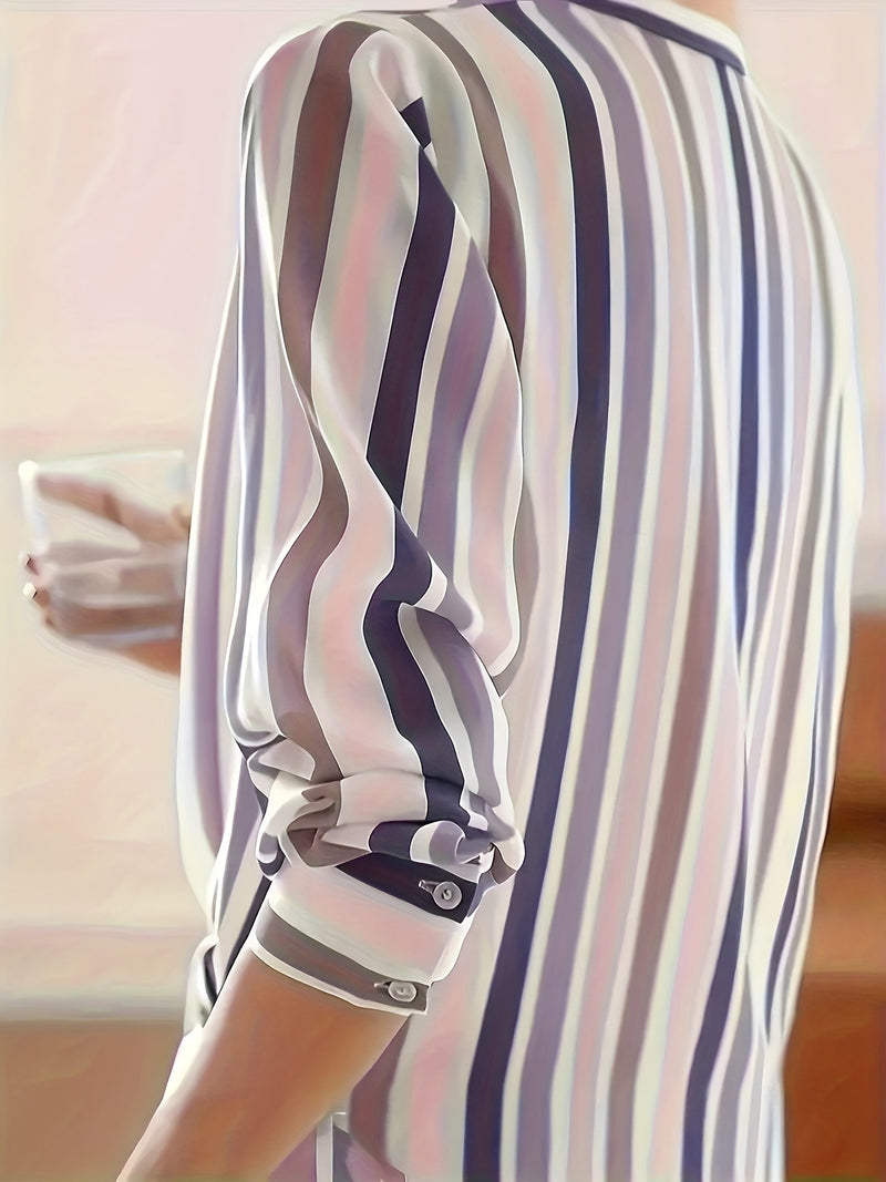 Camisa Feminina com Riscas e Design Color Block Sofisticado - Blue&Pink