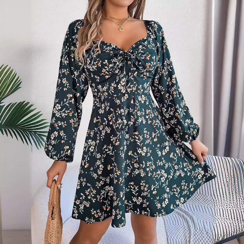 Casual Lace Up Square Collar Floral Print Long Sleeve A - Line Dress - Blue&Pink
