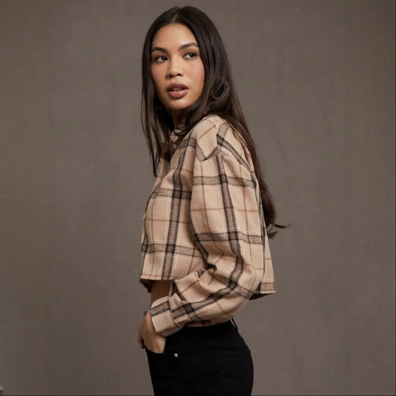 European And American Women's Clothing Short Long Sleeve Plaid Cropped Hot Girl Lapel Shirt - Blue&Pink