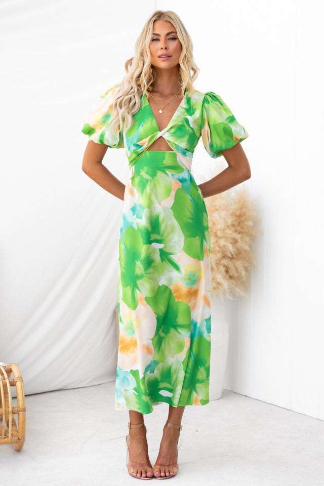 Vestido Longo Estampado com Decote em V Leveza - Blue&Pink