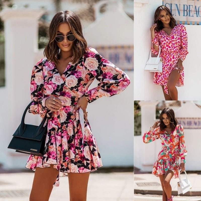 Long Sleeve V - neck Printed Waist - controlled Skirt Dress - Blue&Pink