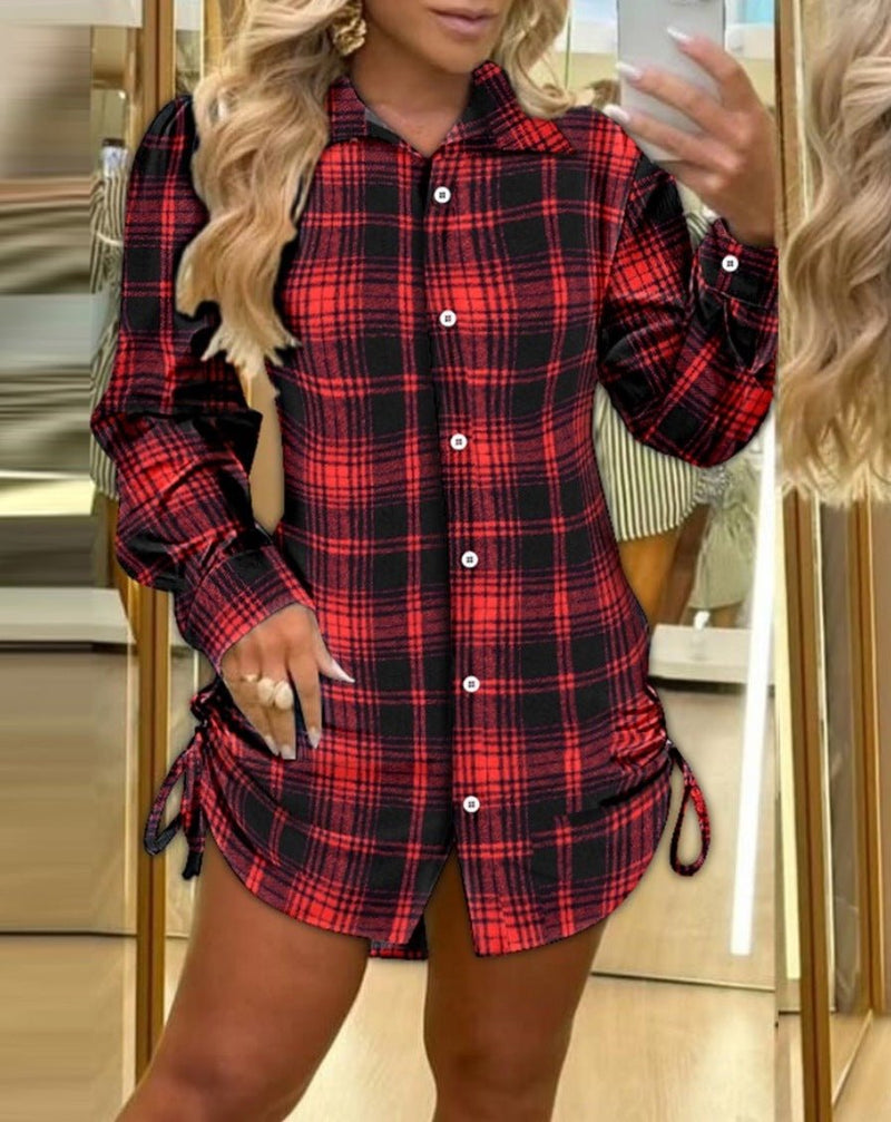 Two - side Drawstring Plaid Shirt Dress Women's Clothing - Blue&Pink