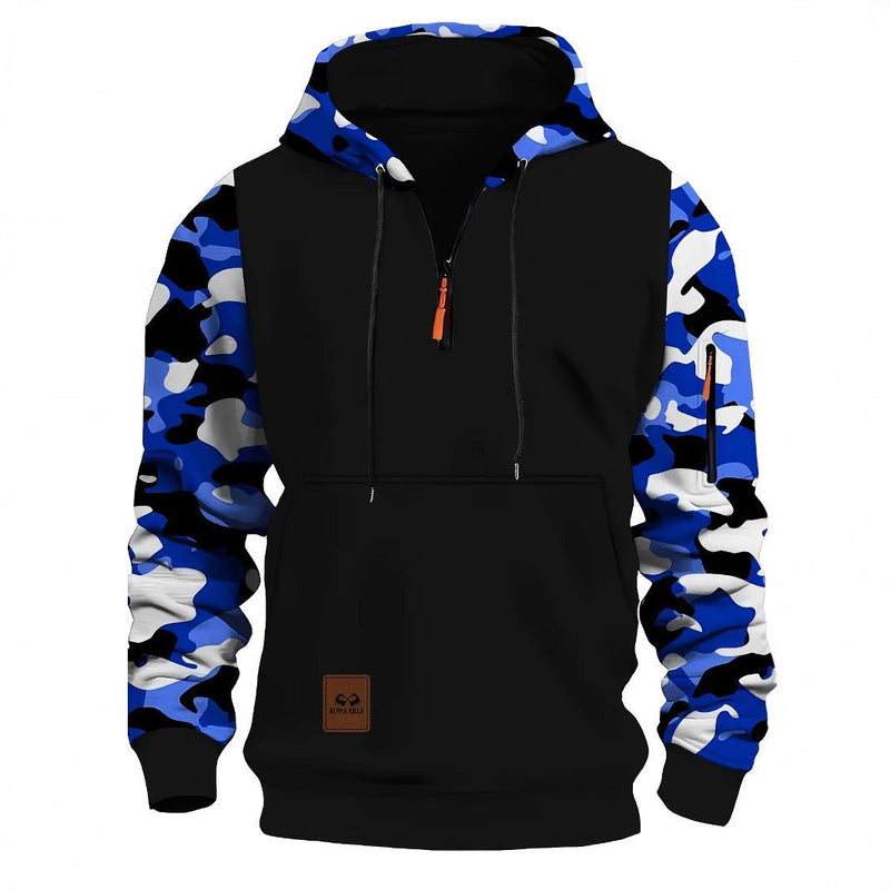 Stitching Hooded Men's Fashion Camouflage American Vintage Zipper Sweater - Blue&Pink