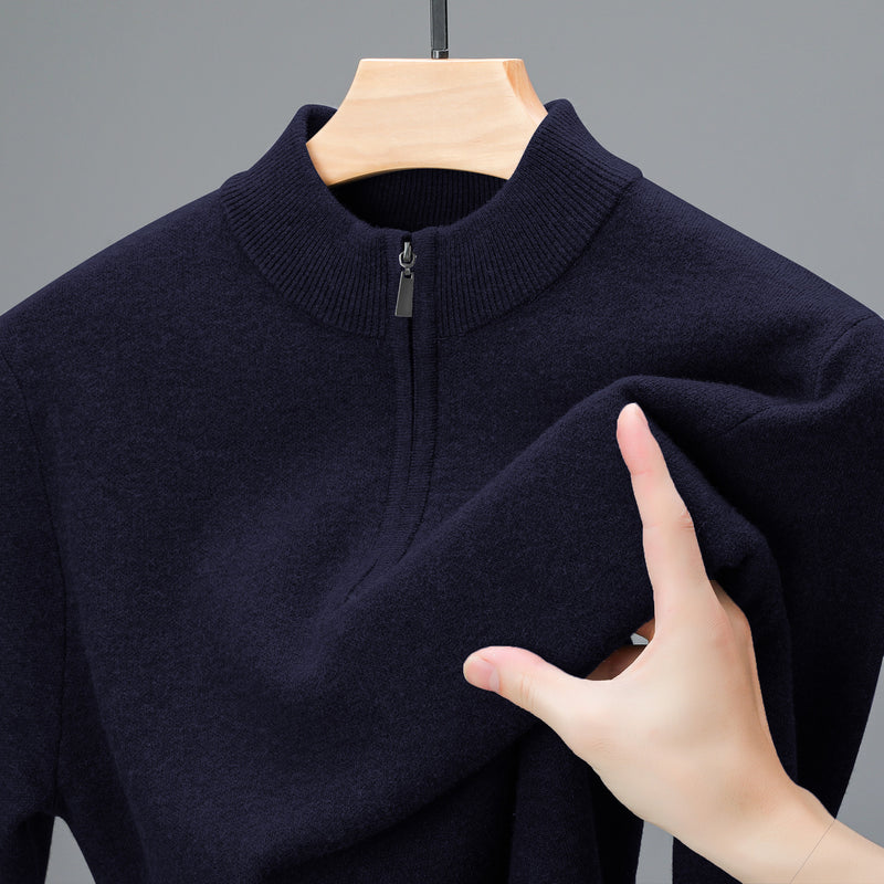 Men's Half - high Collar Zipper Sweater Middle - aged Men's Thickened Keep Warm Pure Color Sweater - Blue&Pink