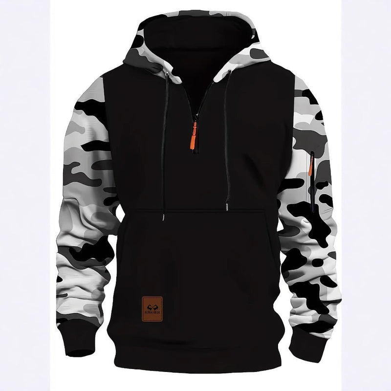 Stitching Hooded Men's Fashion Camouflage American Vintage Zipper Sweater - Blue&Pink