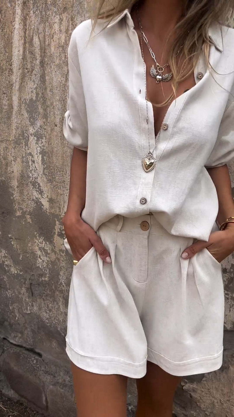 Short - sleeved Suits Fashion Lapel Button Shirt Top And Pocket Shorts Women's Clothing - Blue&Pink