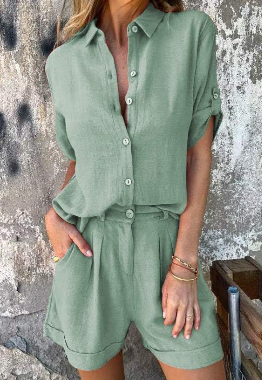 Short - sleeved Suits Fashion Lapel Button Shirt Top And Pocket Shorts Women's Clothing - Blue&Pink