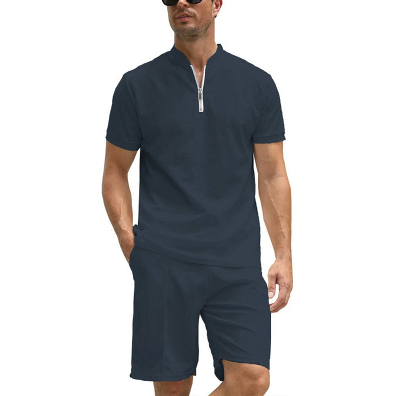 Men's Solid Color Polo Shirt Suit Short Sleeve Two - piece Set - Blue&Pink