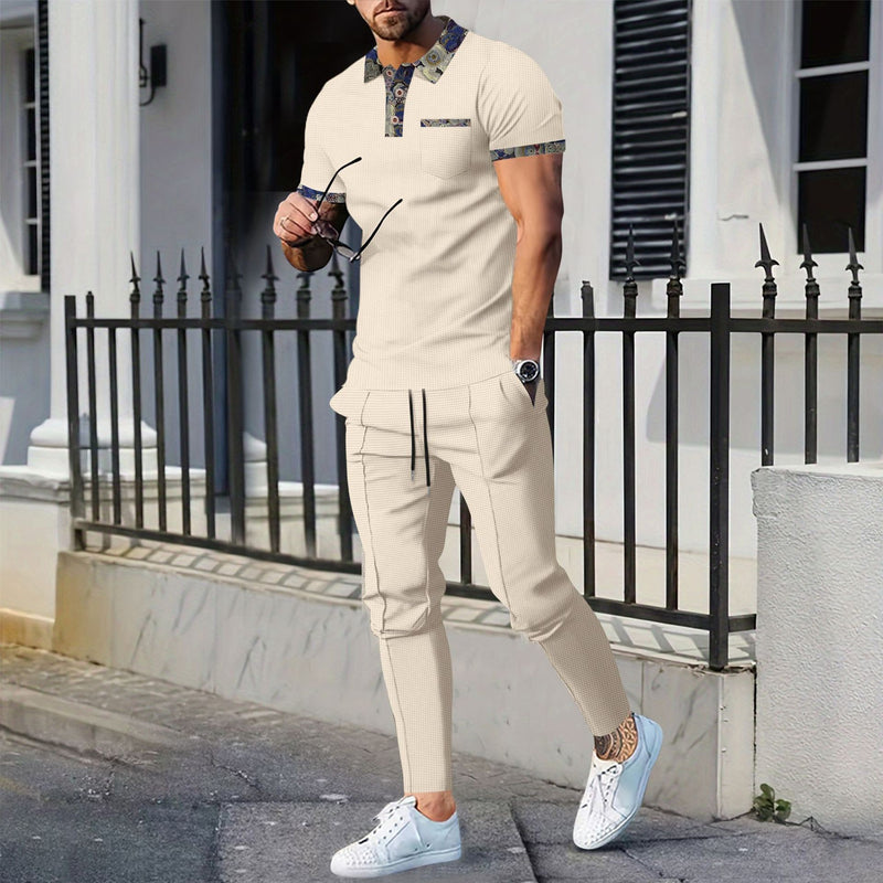 Men's Waffle Lapel Color Matching Pocket Short Sleeve Trousers Suit - Blue&Pink