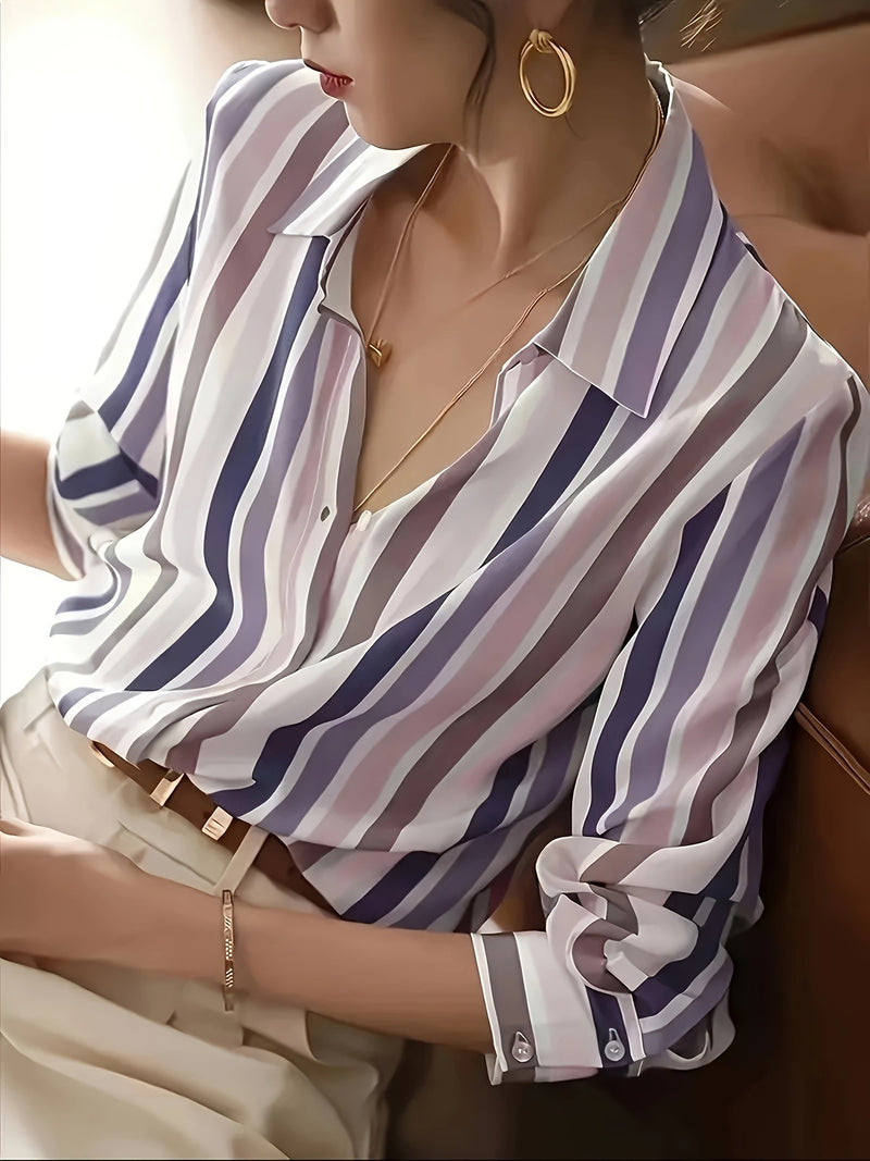 Camisa Feminina com Riscas e Design Color Block Sofisticado - Blue&Pink