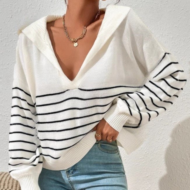 Fashion Striped Contrast Color Long Sleeves Simple Loose And Idle Polo Collar Top - Blue&Pink
