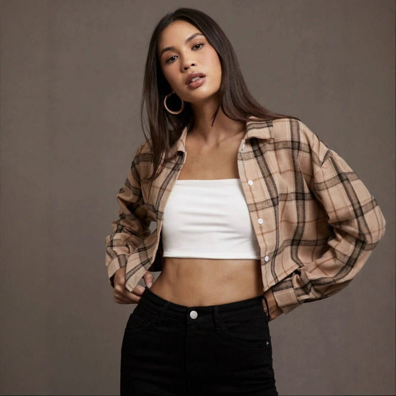 European And American Women's Clothing Short Long Sleeve Plaid Cropped Hot Girl Lapel Shirt - Blue&Pink