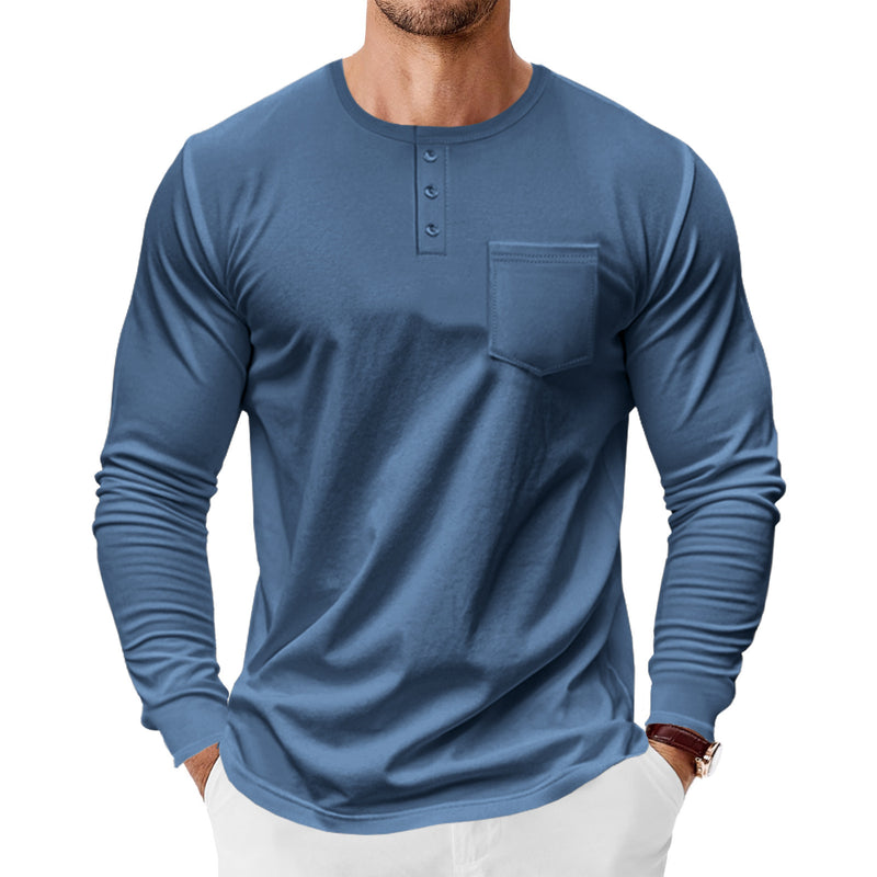 Men's Spring And Autumn Henley Shirt Long Sleeve - Blue&Pink