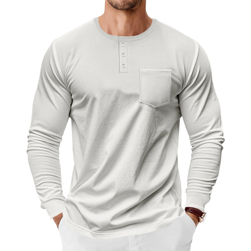 Men's Spring And Autumn Henley Shirt Long Sleeve - Blue&Pink