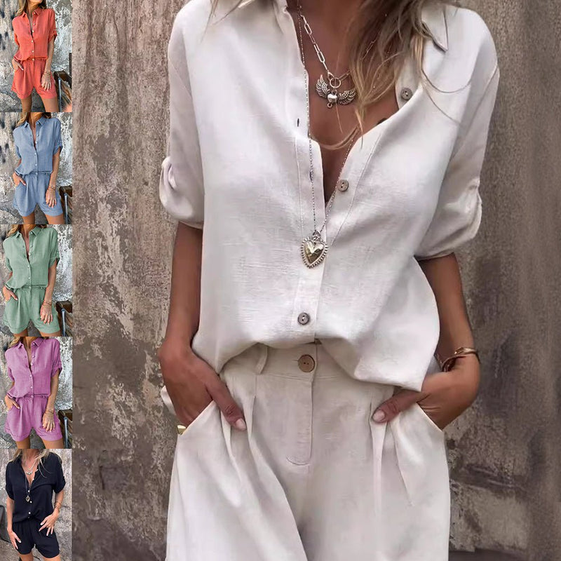 Short - sleeved Suits Fashion Lapel Button Shirt Top And Pocket Shorts Women's Clothing - Blue&Pink