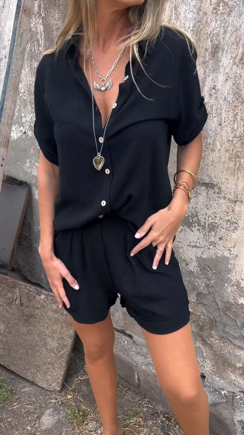 Short - sleeved Suits Fashion Lapel Button Shirt Top And Pocket Shorts Women's Clothing - Blue&Pink