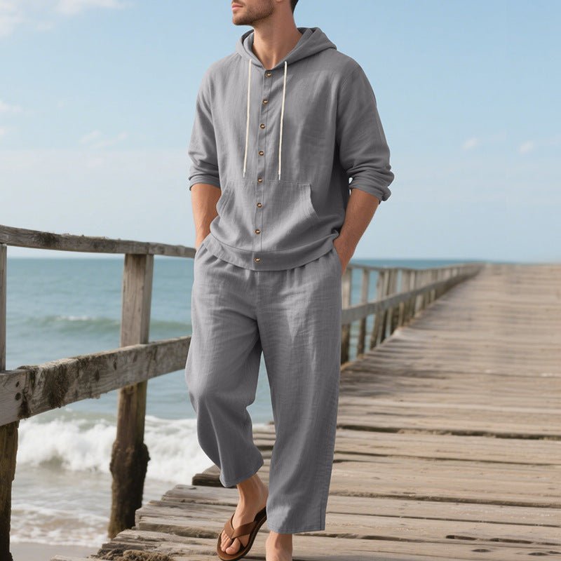 Hooded Long - sleeved Shirt Trousers Casual Suit Men - Blue&Pink