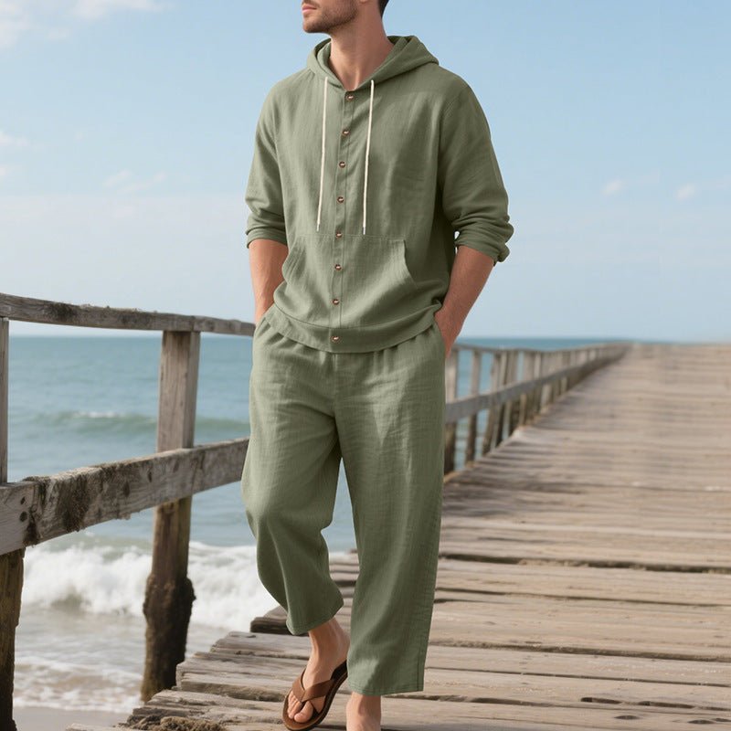 Hooded Long - sleeved Shirt Trousers Casual Suit Men - Blue&Pink